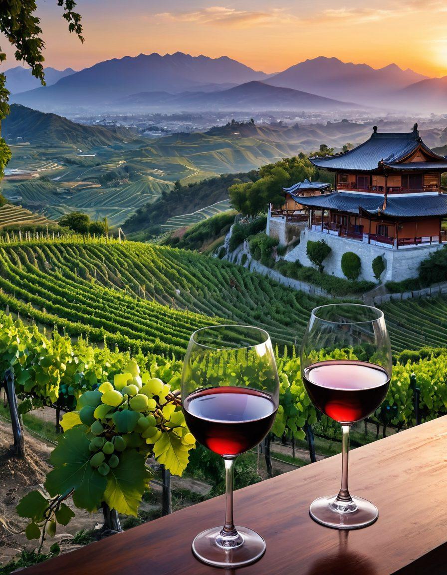 A beautiful landscape showcasing vineyards from various Asian regions, with rows of grapevines stretching into the horizon. In the foreground, a glass of richly colored wine reflects the culture and traditions of Asia, adorned with intricate patterns. In the background, mountains and traditional Asian architecture hint at a fusion of nature and culture. Soft sunset light bathes the scene, conveying warmth and richness. vibrant colors. super-realistic.