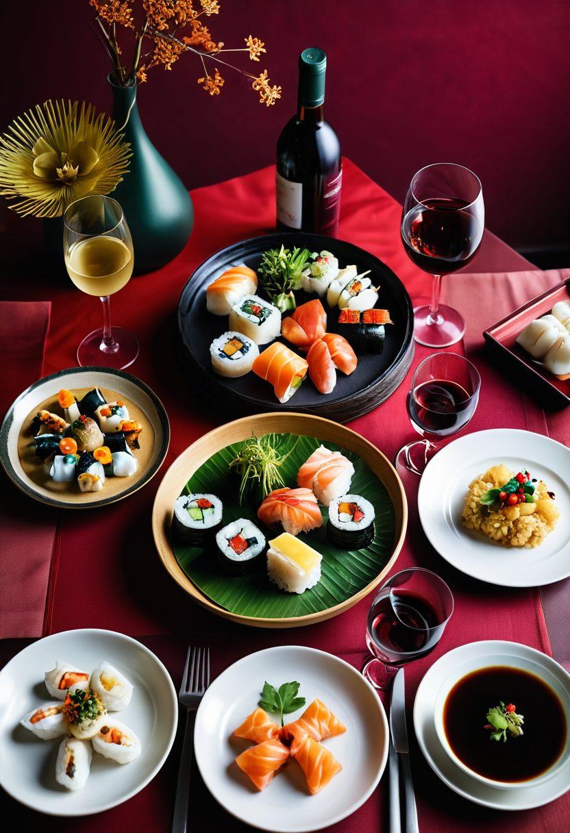 A beautiful table setting featuring a variety of Asian dishes like sushi, dim sum, and spicy curry, paired creatively with different wine glasses showcasing vibrant colors of the wines. The background should reflect a mix of traditional Asian decor and modern design elements, evoking a sense of cultural fusion. Soft, warm lighting to enhance the inviting atmosphere. super-realistic. vibrant colors.