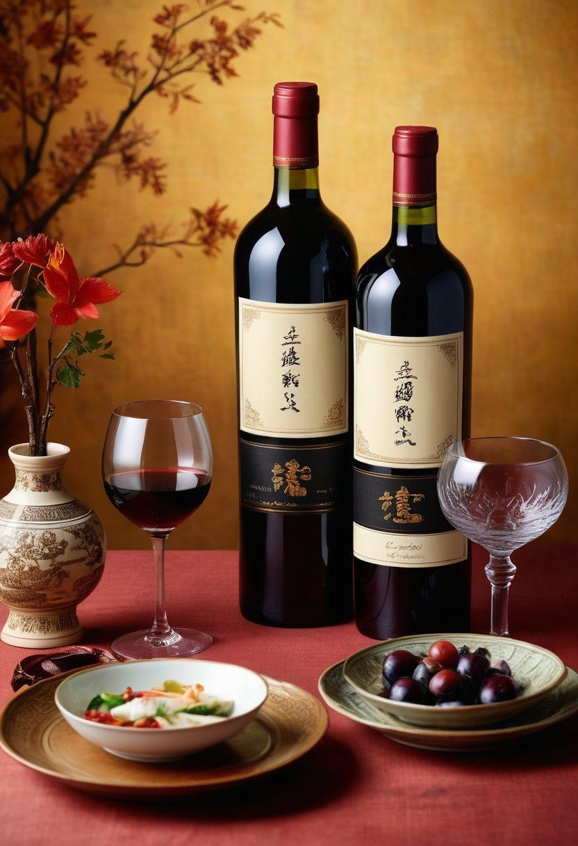 A beautifully arranged table featuring a variety of Asian wine bottles with elegant labels, surrounded by intricate traditional Asian tableware. Soft ambient lighting highlighting the rich colors of the wines and a backdrop displaying lush vineyards or scenic landscapes of Asia. Include tasting notes and wine accessories like corkscrews and glasses artistically placed. super-realistic. vibrant colors. elegant composition.